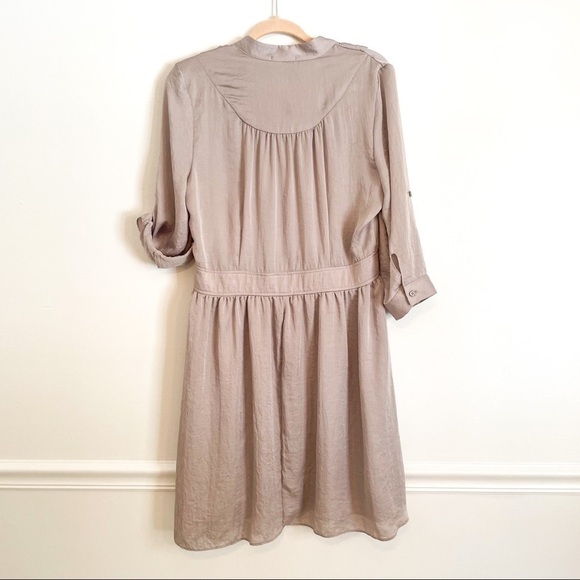 Aqua Satin Button Front Fit & Flare Dress Taupe L - Picture 9 of 11